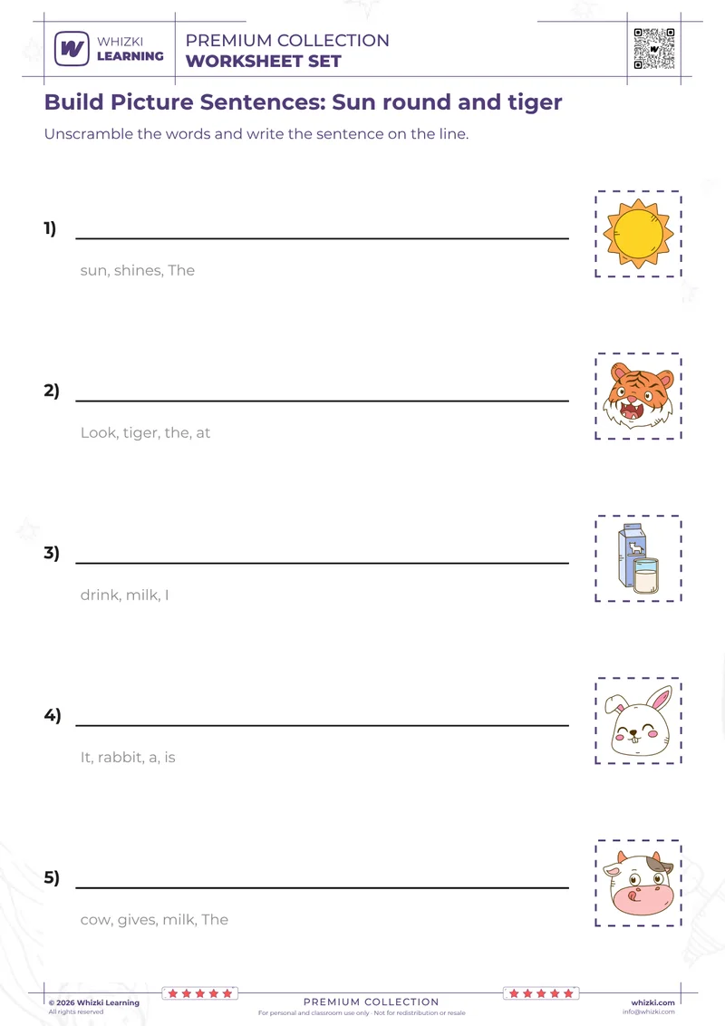 Build Picture Sentences: Sun round and tiger