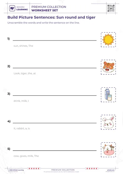 Build Picture Sentences: Sun round and tiger