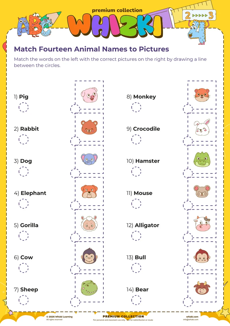 Match Fourteen Animal Names to Pictures