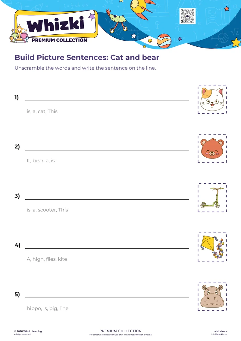 Build Picture Sentences: Cat and bear