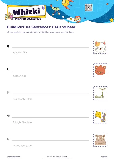 Build Picture Sentences: Cat and bear