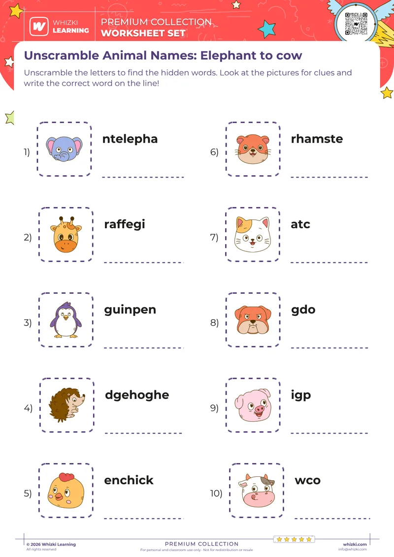 Unscramble Animal Names: Elephant to cow