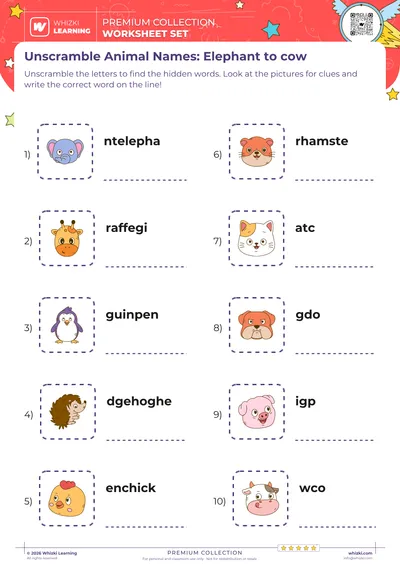 Unscramble Animal Names: Elephant to cow