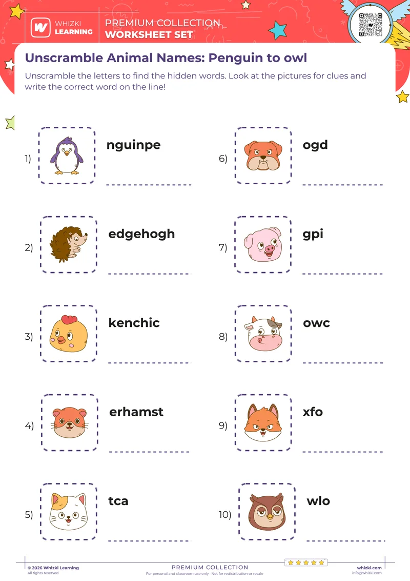 Unscramble Animal Names: Penguin to owl