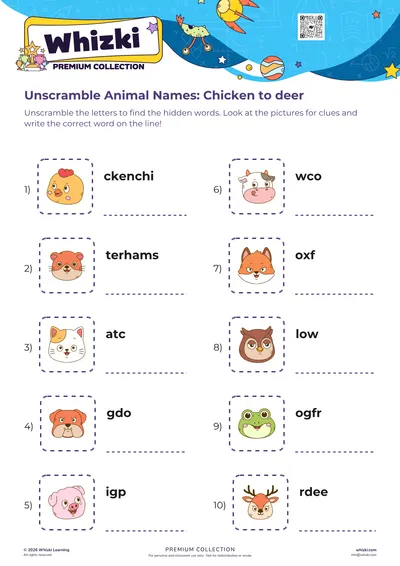 Unscramble Animal Names: Chicken to deer