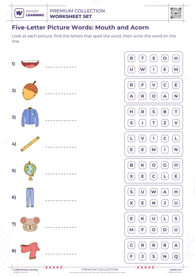 Five-Letter Picture Words: Mouth and Acorn