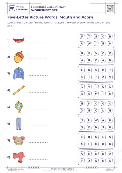 Five-Letter Picture Words: Mouth and Acorn