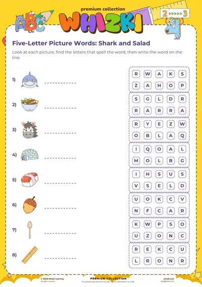 Five-Letter Picture Words: Shark and Salad