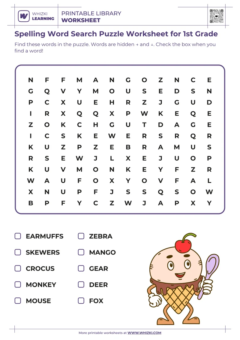 Spelling Word Search Puzzle Worksheet for 1st Grade