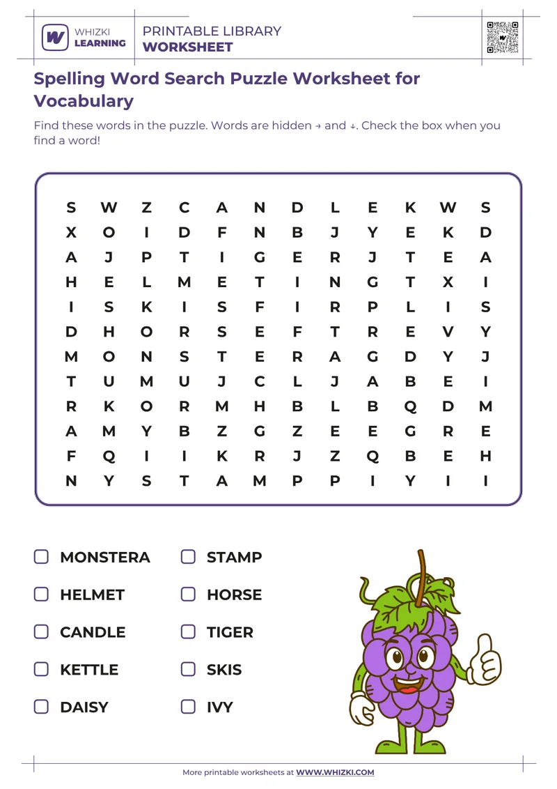 Spelling Word Search Puzzle Worksheet for Vocabulary