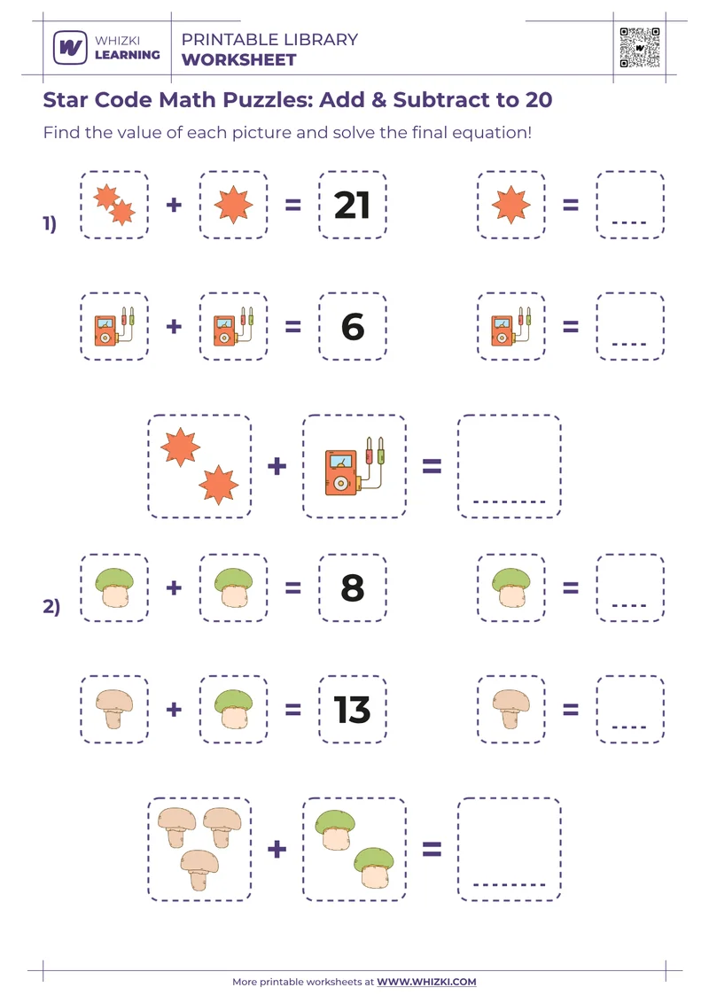 Star Code Math Puzzles: Add & Subtract to 20