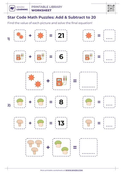 Star Code Math Puzzles: Add & Subtract to 20