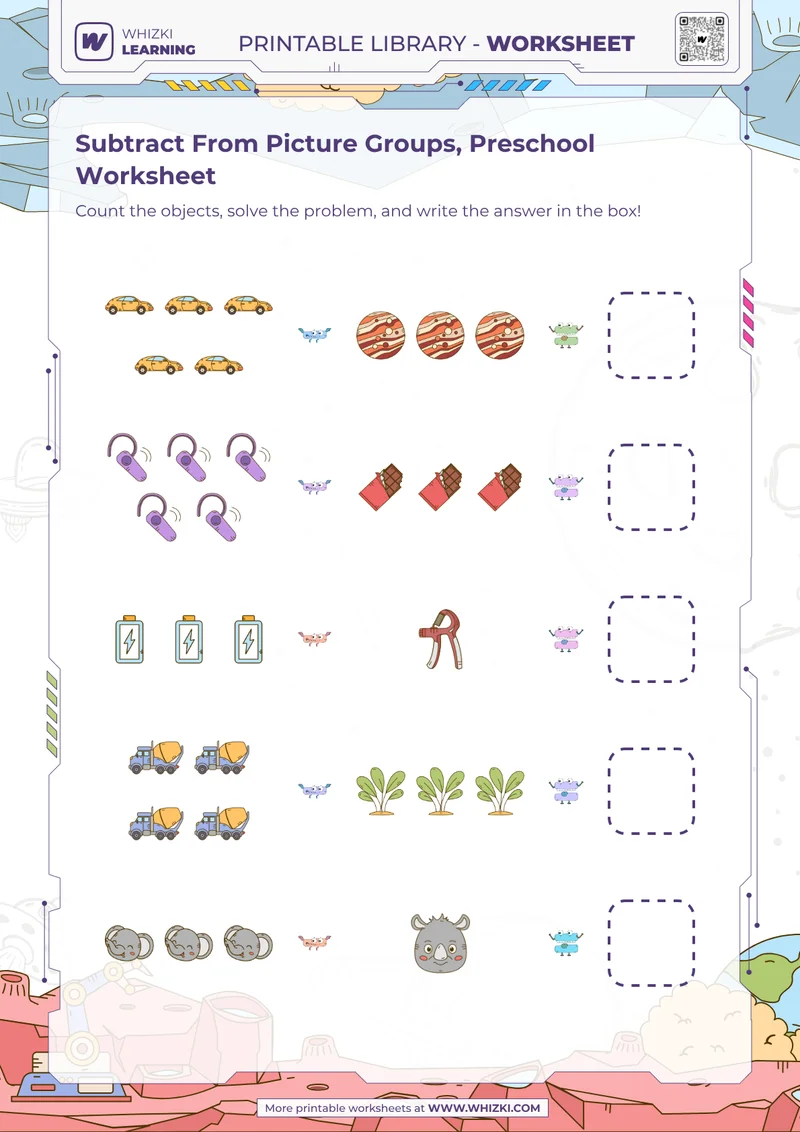 Subtract From Picture Groups, Preschool Worksheet