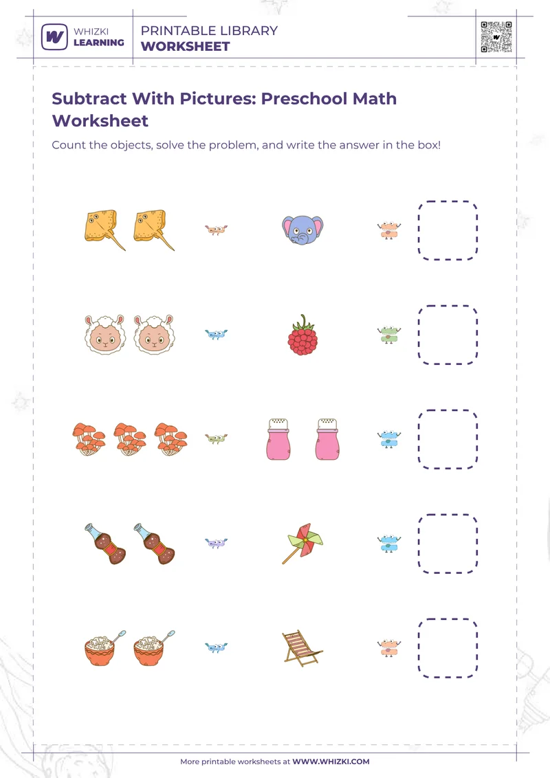 Subtract With Pictures: Preschool Math Worksheet