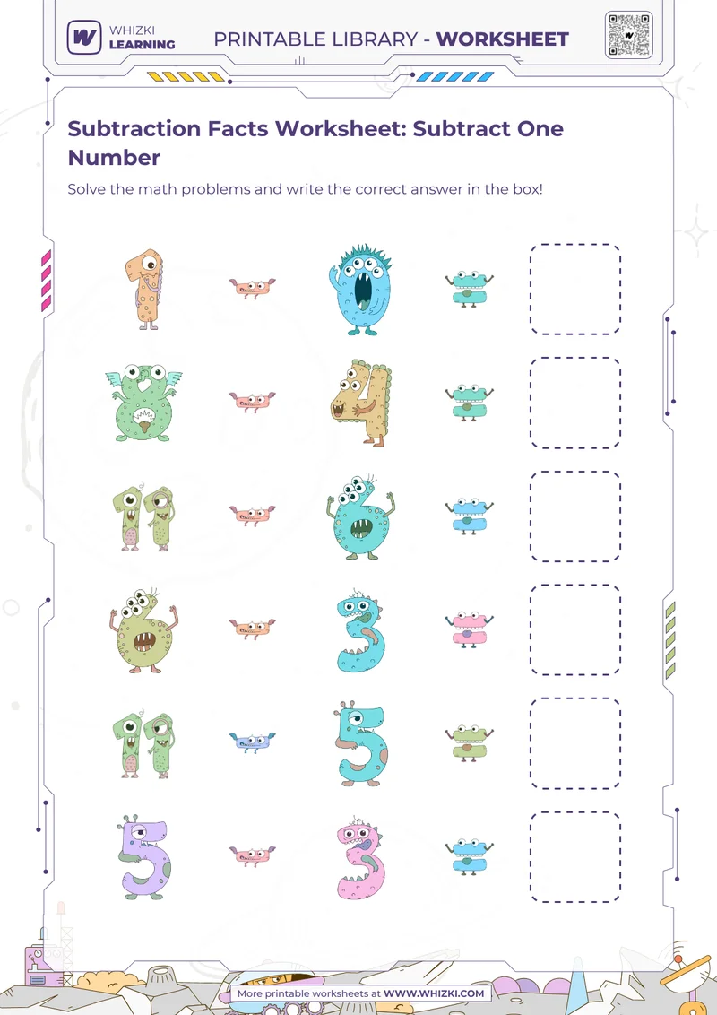 Subtraction Facts Worksheet: Subtract One Number