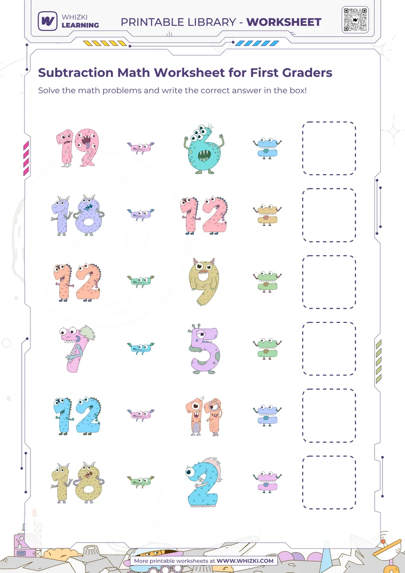 Subtraction Math Worksheet for First Graders