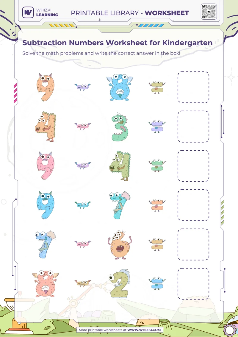 Subtraction Numbers Worksheet for Kindergarten