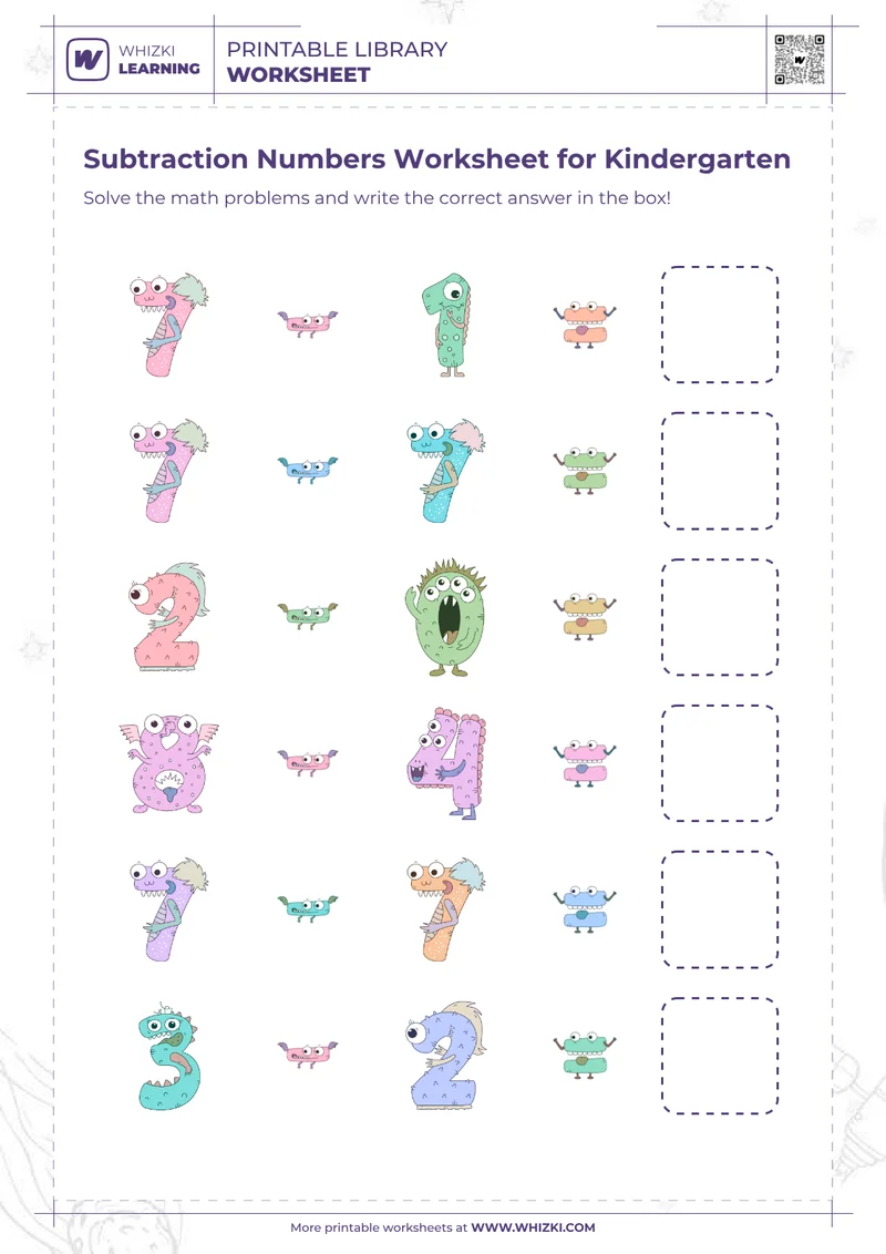 Subtraction Numbers Worksheet for Kindergarten