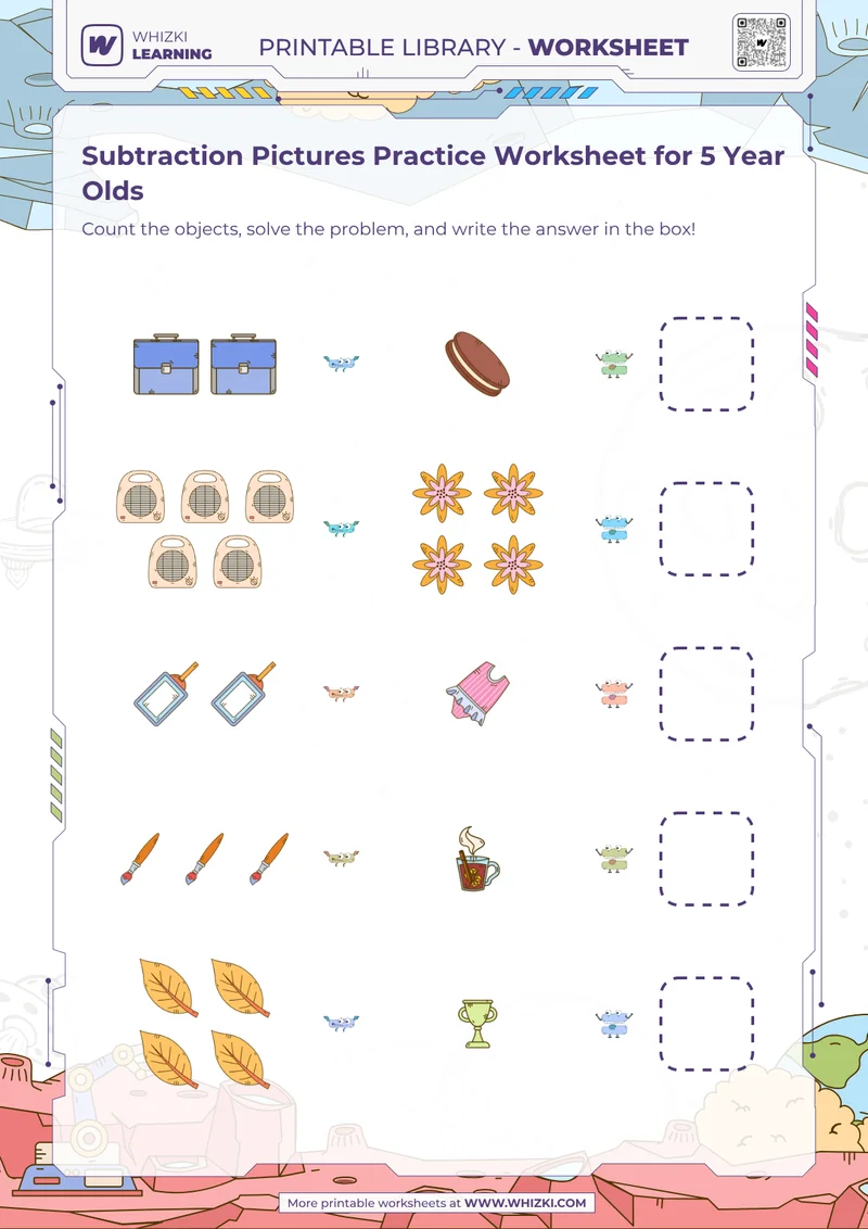 Subtraction Pictures Practice Worksheet for 5 Year Olds