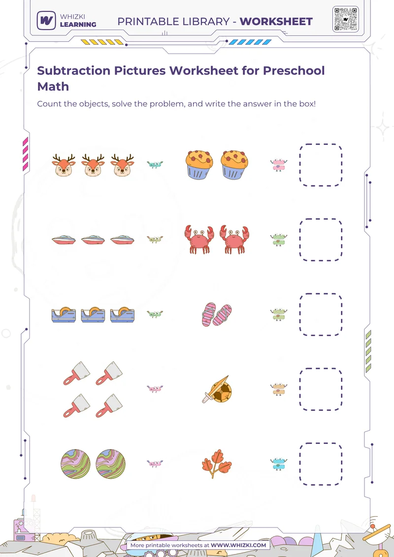 Subtraction Pictures Worksheet for Preschool Math