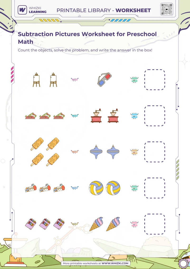 Subtraction Pictures Worksheet for Preschool Math