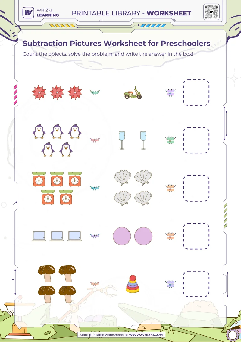 Subtraction Pictures Worksheet for Preschoolers