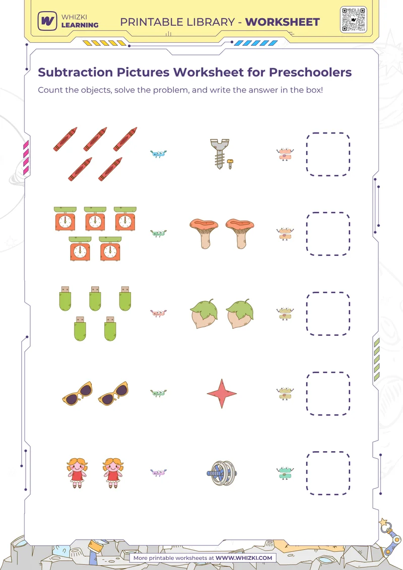 Subtraction Pictures Worksheet for Preschoolers