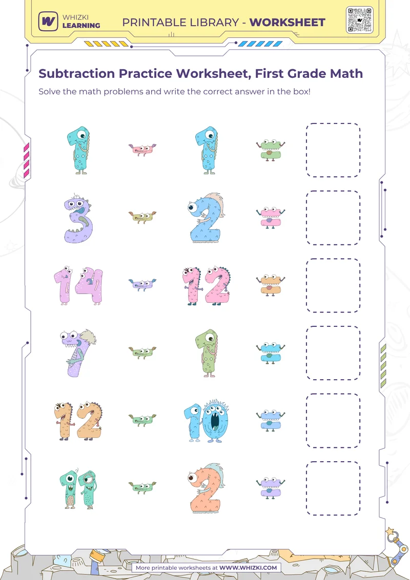 Subtraction Practice Worksheet, First Grade Math