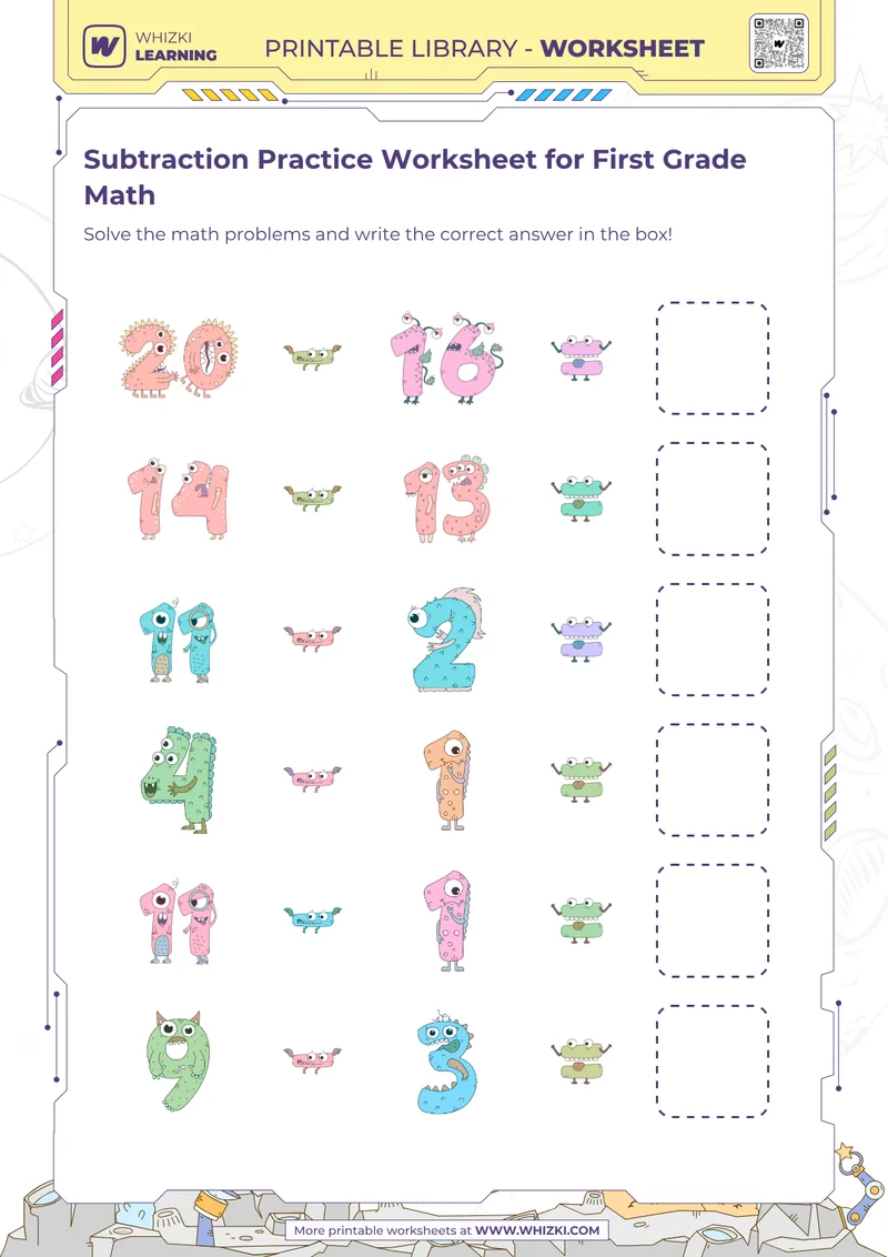 Subtraction Practice Worksheet for First Grade Math