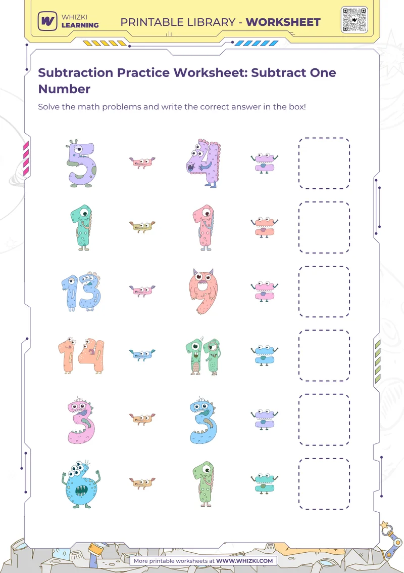Subtraction Practice Worksheet: Subtract One Number