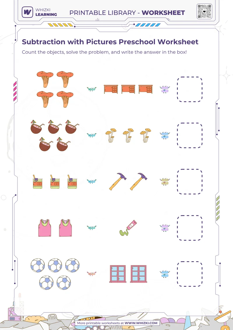 Subtraction with Pictures Preschool Worksheet