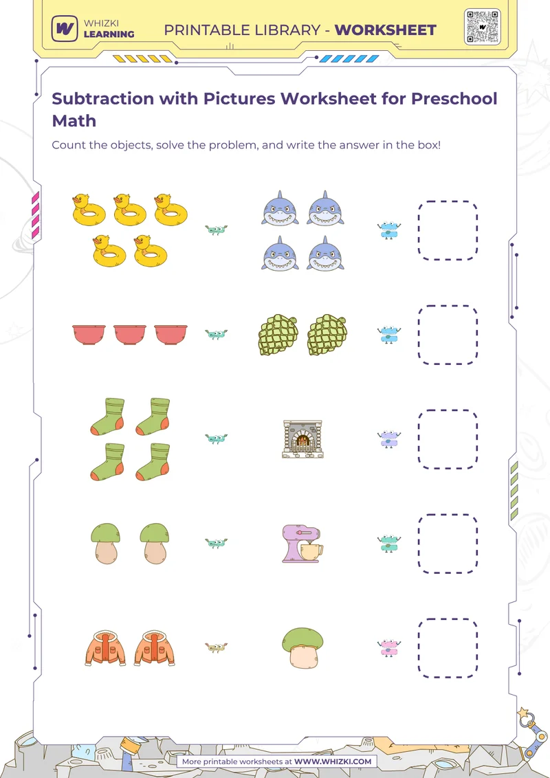 Subtraction with Pictures Worksheet for Preschool Math