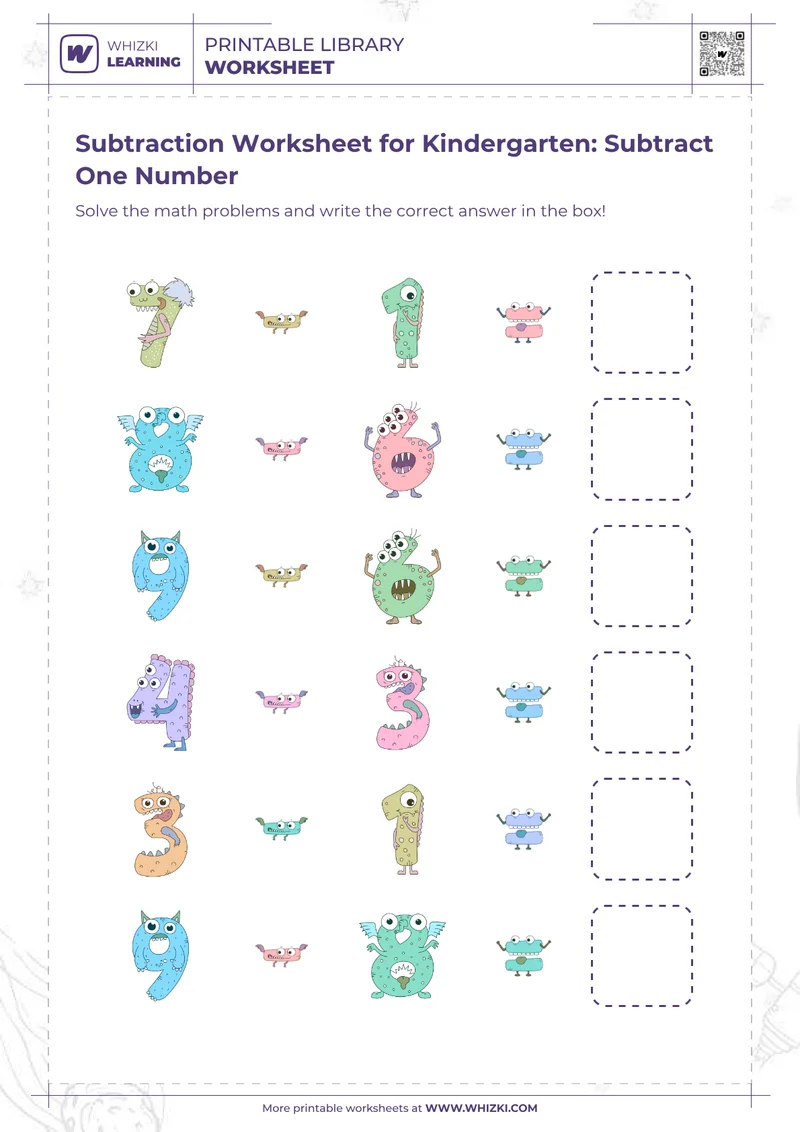 Subtraction Worksheet for Kindergarten: Subtract One Number