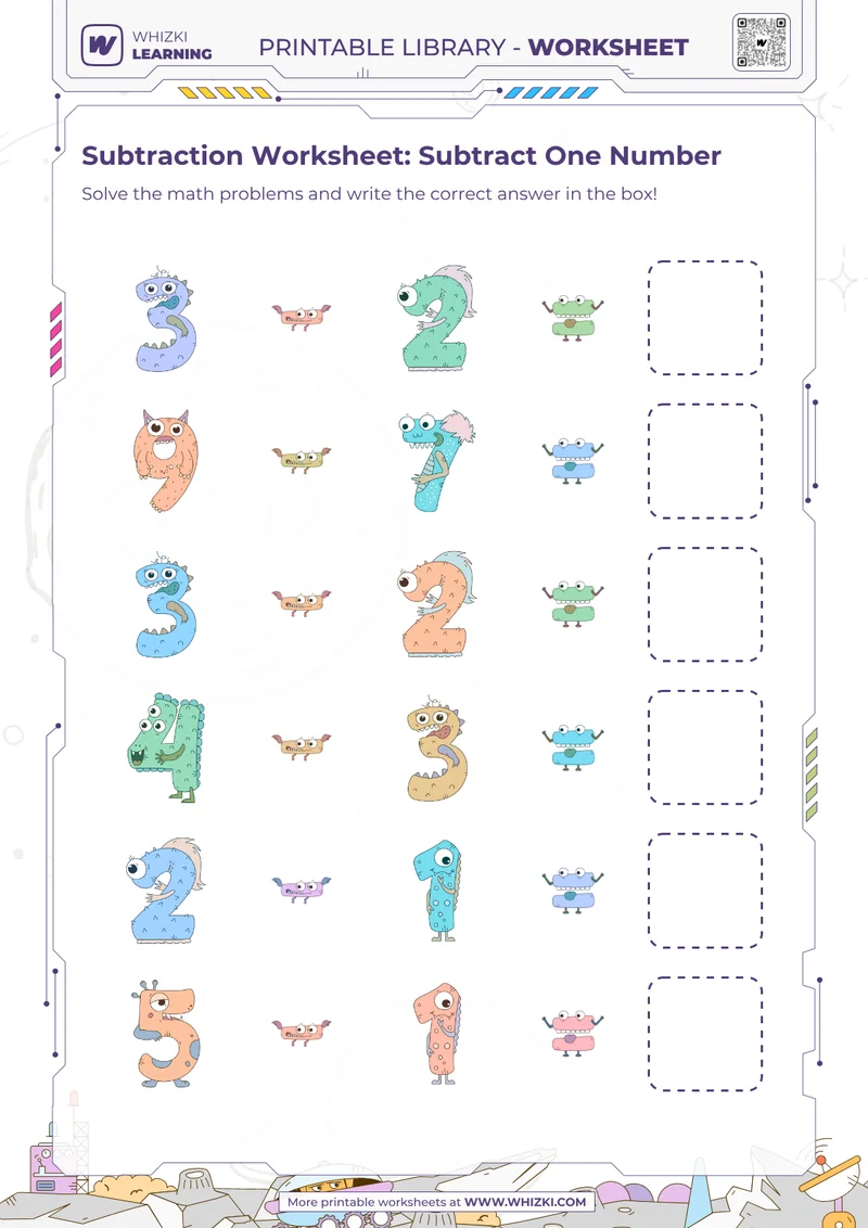 Subtraction Worksheet: Subtract One Number