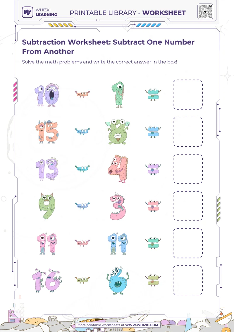 Subtraction Worksheet: Subtract One Number From Another