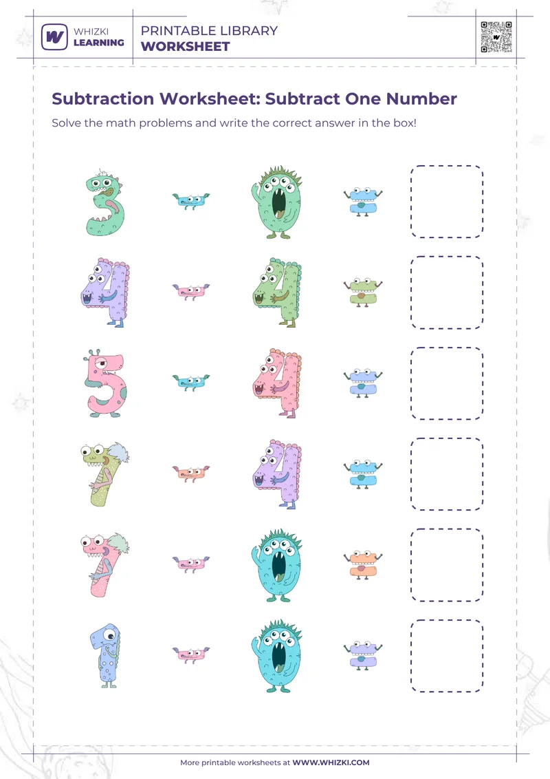 Subtraction Worksheet: Subtract One Number