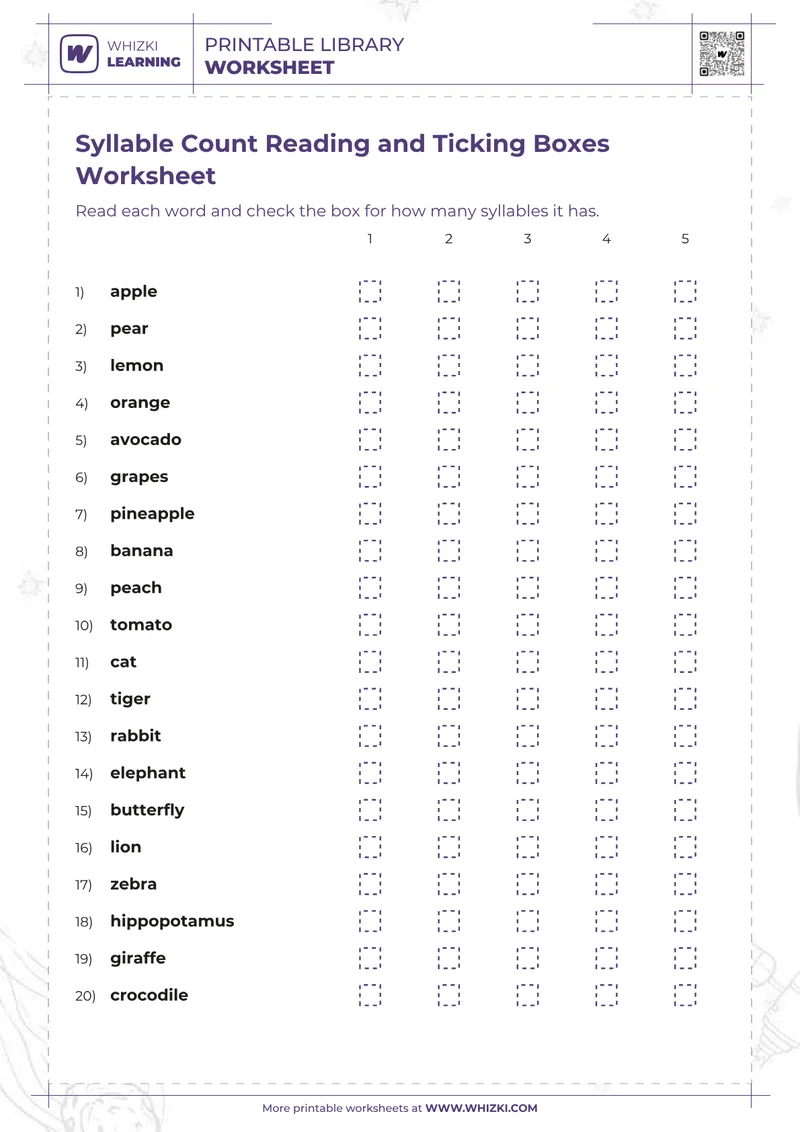 Syllable Count Reading and Ticking Boxes Worksheet