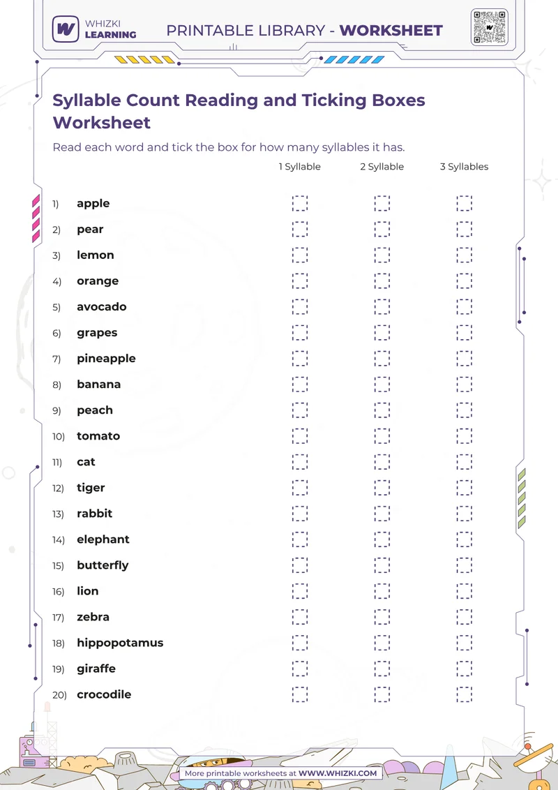 Syllable Count Reading and Ticking Boxes Worksheet