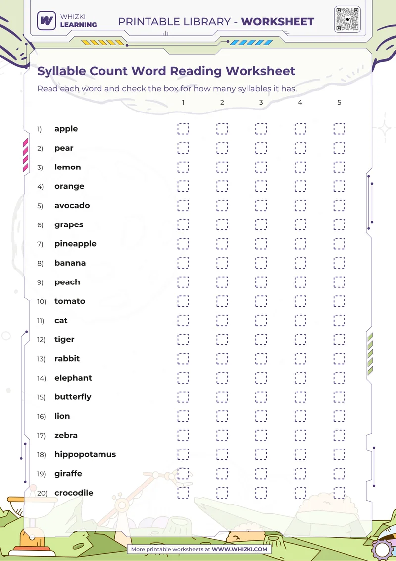 Syllable Count Word Reading Worksheet