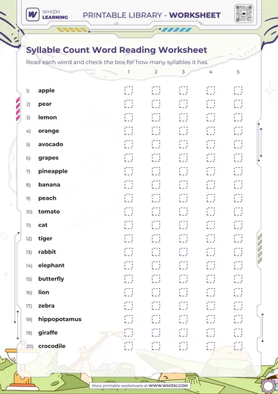 Syllable Count Word Reading Worksheet