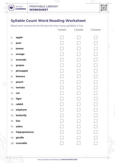 Syllable Count Word Reading Worksheet