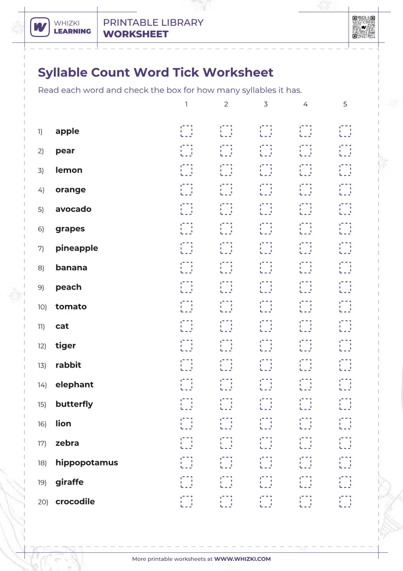 Syllable Count Word Tick Worksheet