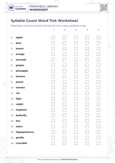 Syllable Count Word Tick Worksheet