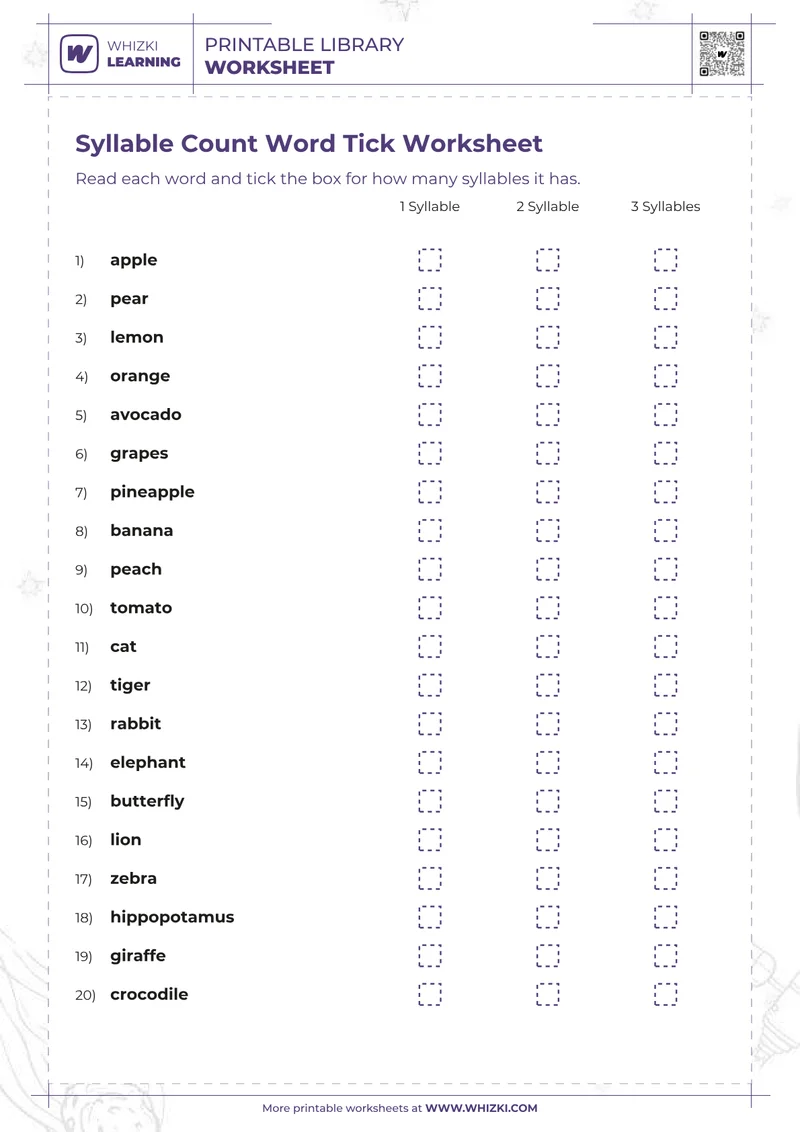 Syllable Count Word Tick Worksheet