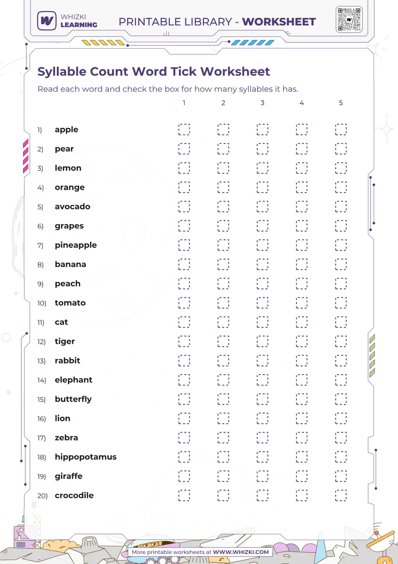 Syllable Count Word Tick Worksheet