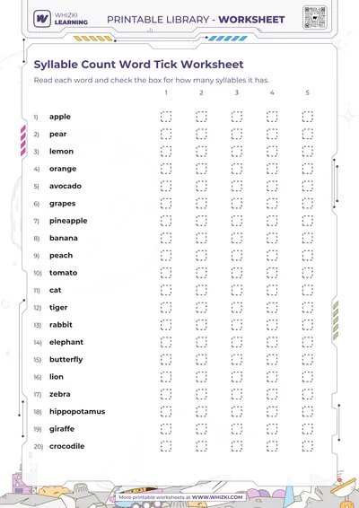Syllable Count Word Tick Worksheet