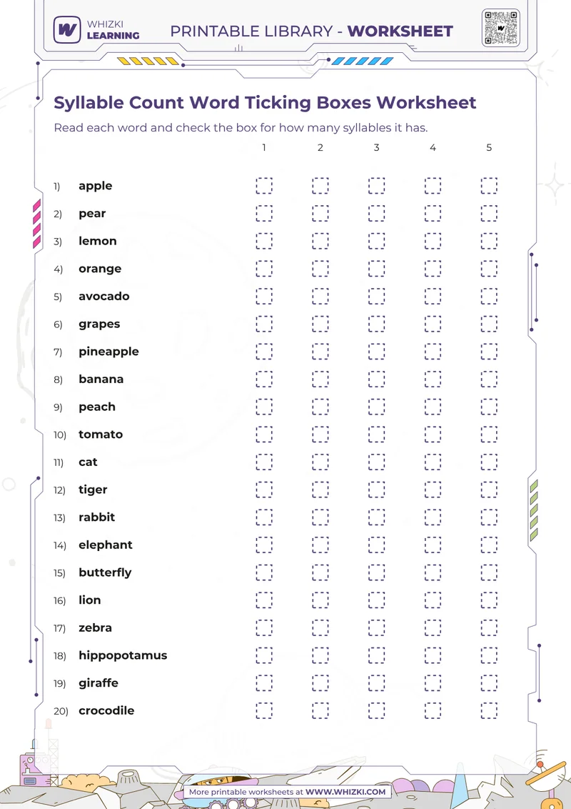 Syllable Count Word Ticking Boxes Worksheet