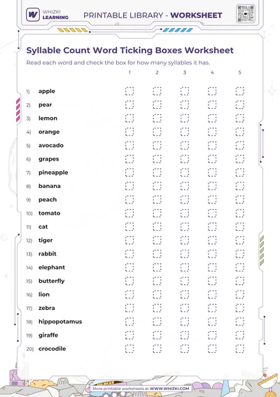 Syllable Count Word Ticking Boxes Worksheet