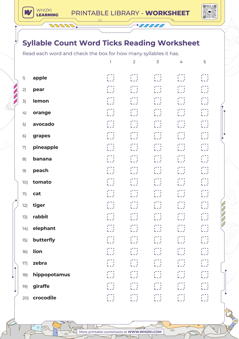 Syllable Count Word Ticks Reading Worksheet
