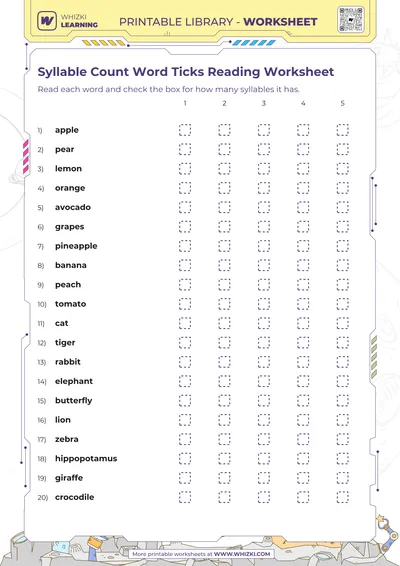 Syllable Count Word Ticks Reading Worksheet